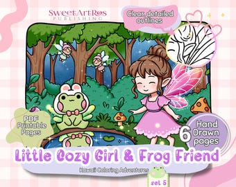 Kawaii Coloring Pages: Cozy Girl, Frog & Fantasy Friends (A4 PDF)