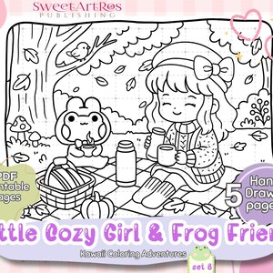 May include: Black and white line art illustration of a cozy picnic scene with a girl and a frog. The image includes text that reads "Little Cozy Girl & Frog Friend" and "PDF Printable Pages". The image is a coloring book page.