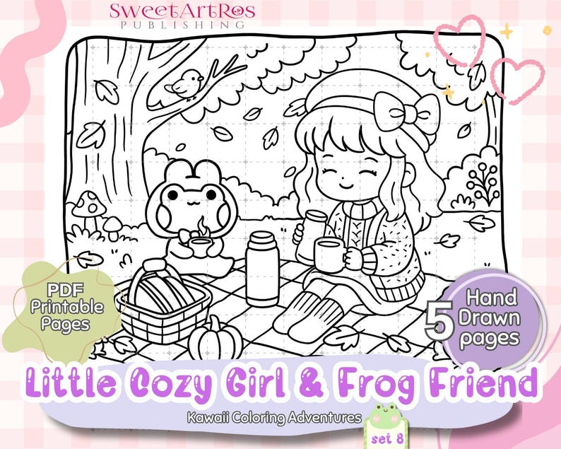 May include: Black and white line art illustration of a cozy picnic scene with a girl and a frog. The image includes text that reads "Little Cozy Girl & Frog Friend" and "PDF Printable Pages". The image is a coloring book page.