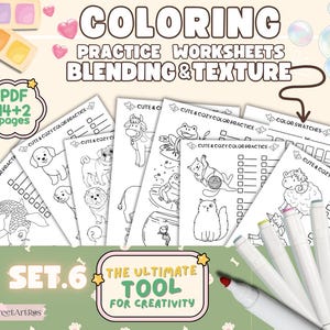 Puede incluir: Un conjunto de 14 páginas para colorear con animales lindos y acogedores, perfecto para practicar técnicas de mezcla y textura. Las páginas están etiquetadas como "Cute & Cozy Color Practice" e incluyen una sección de muestra de colores. El conjunto está etiquetado como "Set 6" y "The Ultimate Tool for Creativity".
