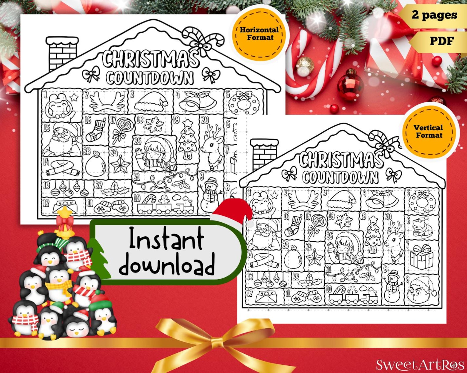 Christmas Advent Calendar Coloring Page, Holiday Countdown (PDF ...