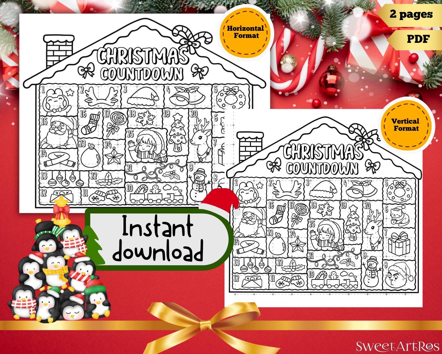 Christmas Advent Calendar Coloring Page, Holiday Countdown (PDF ...
