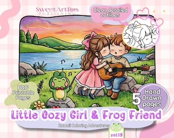 Little Friends Love Moments Coloring Pages | Cute and Cozy Kawaii Valentine Girl and Frog Printable PDF A4 format