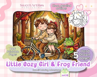 Little Friends Love Moments Coloring Pages | Cute and Cozy Kawaii Valentine Girl and Frog Printable PDF A4 format