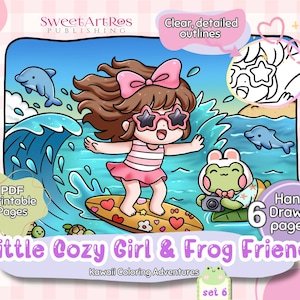 Kawaii Summer Coloring Pages PDF - Cozy Girl & Frog on Vacation. Beach, Ice Cream, Surf, Pool Fun.  Printable for Kids and Adults A4
