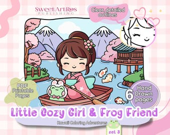 Kawaii Japan Coloring Pages: Cozy Girl & Frog Art Set (PDF Download A4 Size)