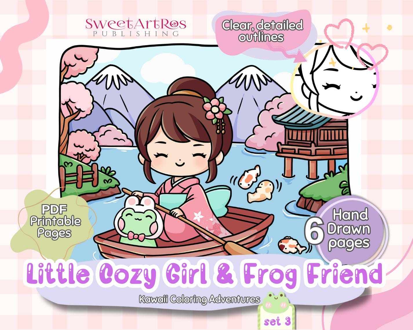Kawaii Japan Coloring Pages: Cozy Girl & Frog Art Set (PDF