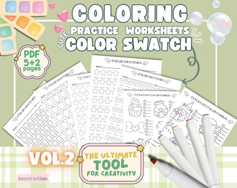 Könnte beinhalten: Ein Satz druckbarer Malvorlagen mit dem Titel "Coloring Practice Worksheets Color Swatch Vol. 2 The Ultimate Tool for Creativity". Die Seiten zeigen verschiedene Designs, darunter Farbmuster, süße und gemütliche Farbkombinationen und eine Vielzahl anderer Designs. Die Seiten sind schwarzweiß und bereit zum Ausmalen.