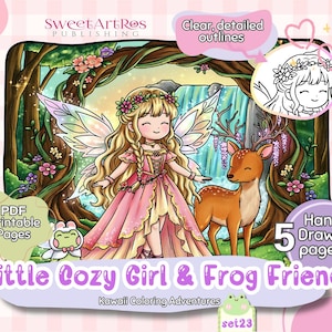Fairycore Coloring Pages: Kawaii Girl, Frog Friend, Enchanted Forest (Digital Download)