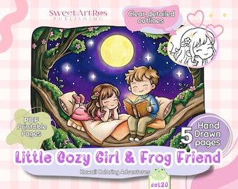 Kawaii Girl and Frog Coloring Pages, Valentine's Day (PDF A4 Format)