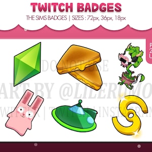 May include: A set of nine colorful Twitch badges featuring a green diamond, a grilled cheese sandwich, a plant with a cow head, a pink rabbit, a green flying saucer, a gold letter S, a green plant, a pink rabbit, and a gold letter S. The text "TWITCH BADGES" is at the top of the image. The text "THE SIMS BADGES | SIZES: 72px, 36px, 18px" is below the title. The text "P2U" is in the upper right corner of the image. The text "ART BY @LILERUMO" is in the middle of the image. The text "TWINSTM" is in the lower right corner of the image.