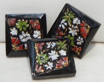 Small Flowered Square Czech Glass Buttons (3)