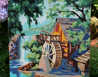 WATERMILL, vintage paint by number, mid century decor art colorful painting