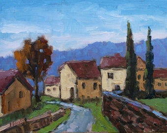 AFTERNOON VILLAGE, Tuscany Italy, original oil painting landscape