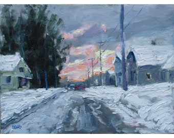 WINTER DUSK, original oil painting landscape, wall art