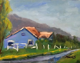 BLUE HOUSE SONOMA, original oil painting landscape, plein air farmhouse decor