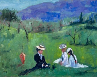 THE PICNIC, Room With a View, original oil painting, impressionist landscape