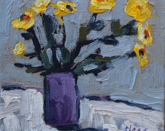 YELLOW FLOWERS with purple vase, still life original oil painting gift idea