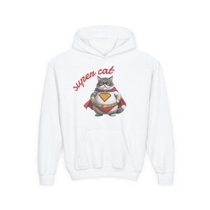 Super Cat Youth Hoodie, Fun Hoodie for Kids, Cute Gift for Cat Lovers, Birthday Present, Superhero Theme Sweatshirt