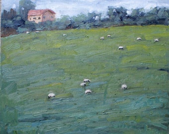 GRAZING SHEEP, on a hillside original oil painting, landscape home decor