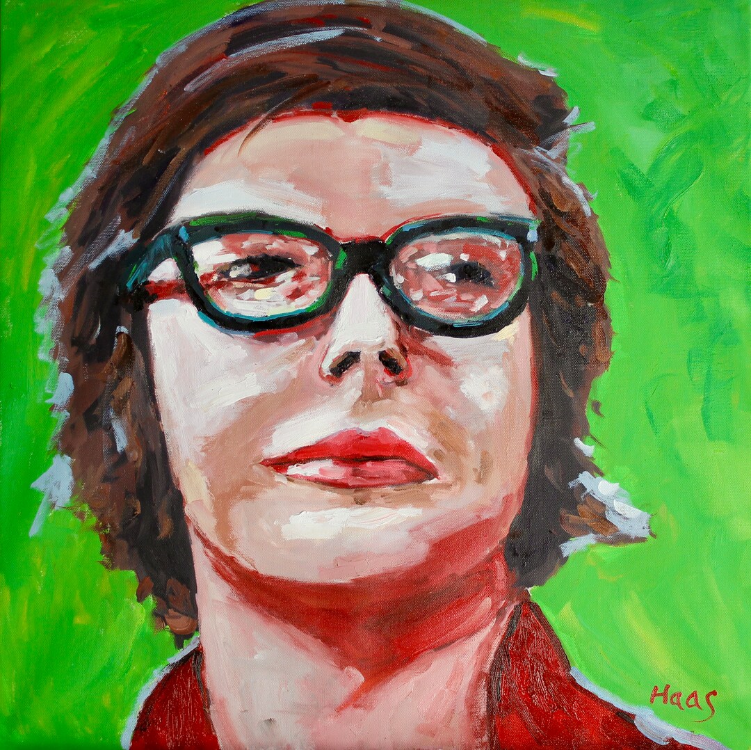 Original Oil Painting, POP ART PORTRAIT, Man With Glasses, Bright Lime