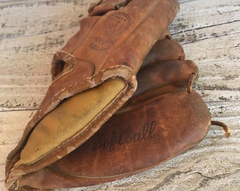 SOFTBALL GLOVE, right handed antique leather baseball mitt, 60s 70s