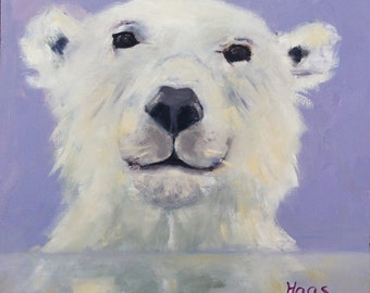 POLAR BEAR, winter decor, original oil painting, cute animal