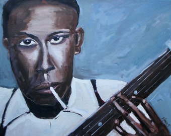 May include: A painting of a man with dark skin playing a guitar. He is wearing a white shirt and has a cigarette in his mouth. The background is a light blue color.