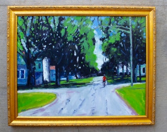 ORIGINAL OIL PAINTING, Americana, bike ride, landscape artwork, Framed Art