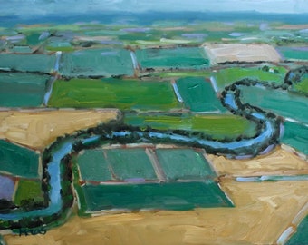 AERIAL VIEW FARMLANDS, home decor original oil painting, landscape art