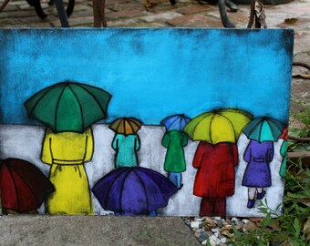 RAINY DAY, vintage painting umbrellas pop art colorful decor