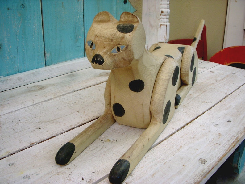 CAT FOLK ART vintage wood spotted sculpture Roy Minshew signed handmade 80s ooak image 5