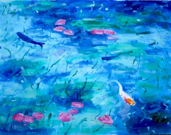 KOI FISH POND, wall art decor, blue, original oil painting, waterscape, artwork impressionist