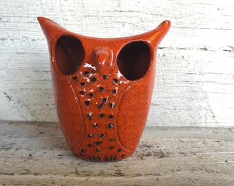 ORANGE OWL, ceramic candle holder mid century mod