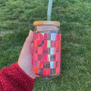 Checkered Glass Cup with Bamboo Lid and Straw | Trendy Iced Coffee Cup | Libbey Glass | Gift