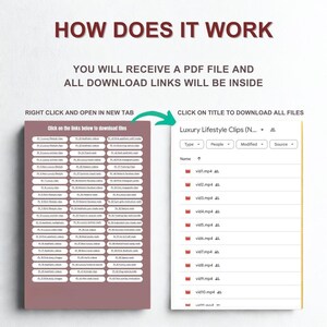May include: A digital product guide with the text "HOW DOES IT WORK". The guide includes a list of downloadable files, with instructions to right-click and open in a new tab or click on the title to download. The files are labeled "Luxury Lifestyle Clips".