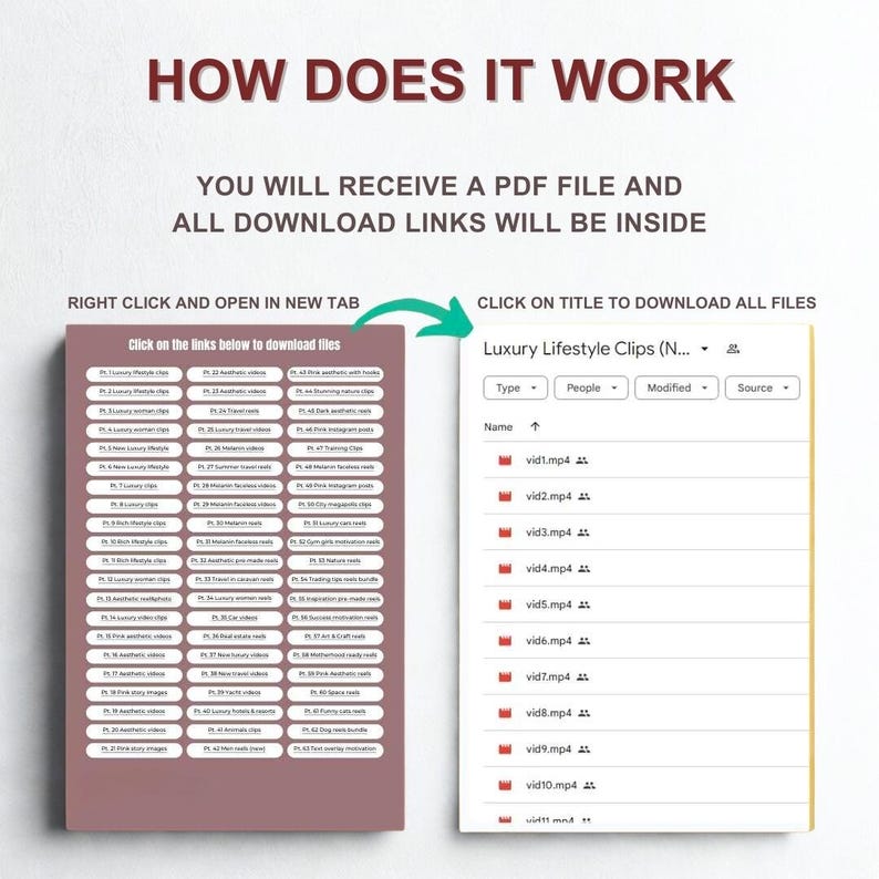 May include: A digital product guide with the text "HOW DOES IT WORK". The guide includes a list of downloadable files, with instructions to right-click and open in a new tab or click on the title to download. The files are labeled "Luxury Lifestyle Clips".
