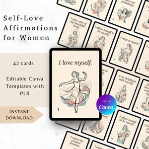 42 tarjetas de afirmación imprimibles para mujeres: amor propio, confianza y belleza / Plantillas Canva editables con PLR