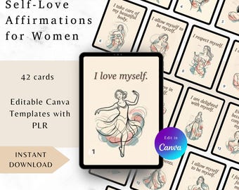 42 Printable Affirmation Cards for Women: Self-Love, Confidence & Beauty | Editable Canva Templates with PLR