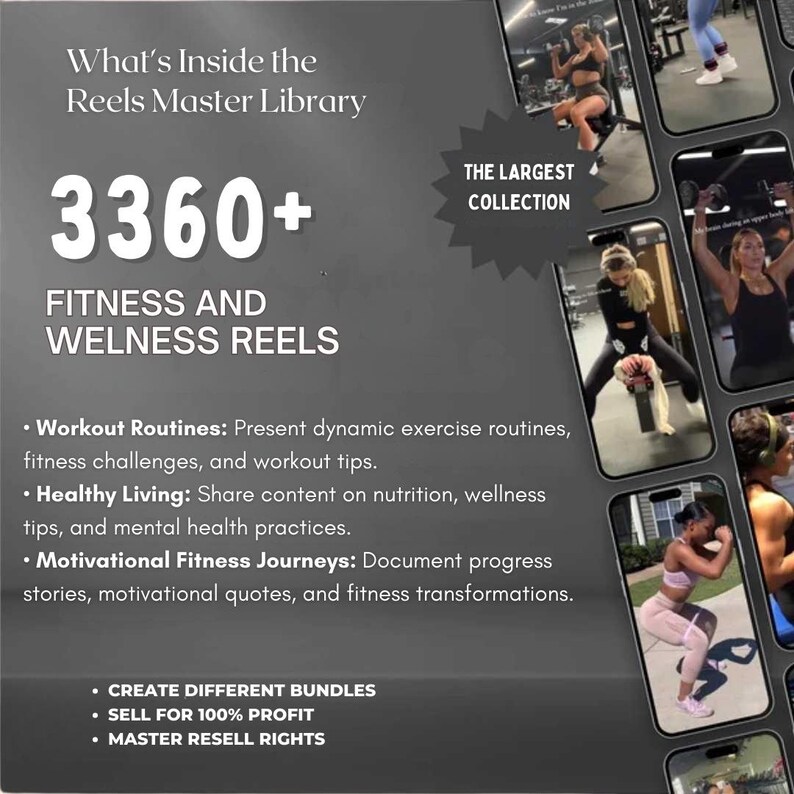 May include: A promotional image for a fitness and wellness library. The image features the text "What's Inside the Reels Master Library" and "3360+ FITNESS AND WELNESS REELS". It also includes screenshots of workout videos and information about the library's content.