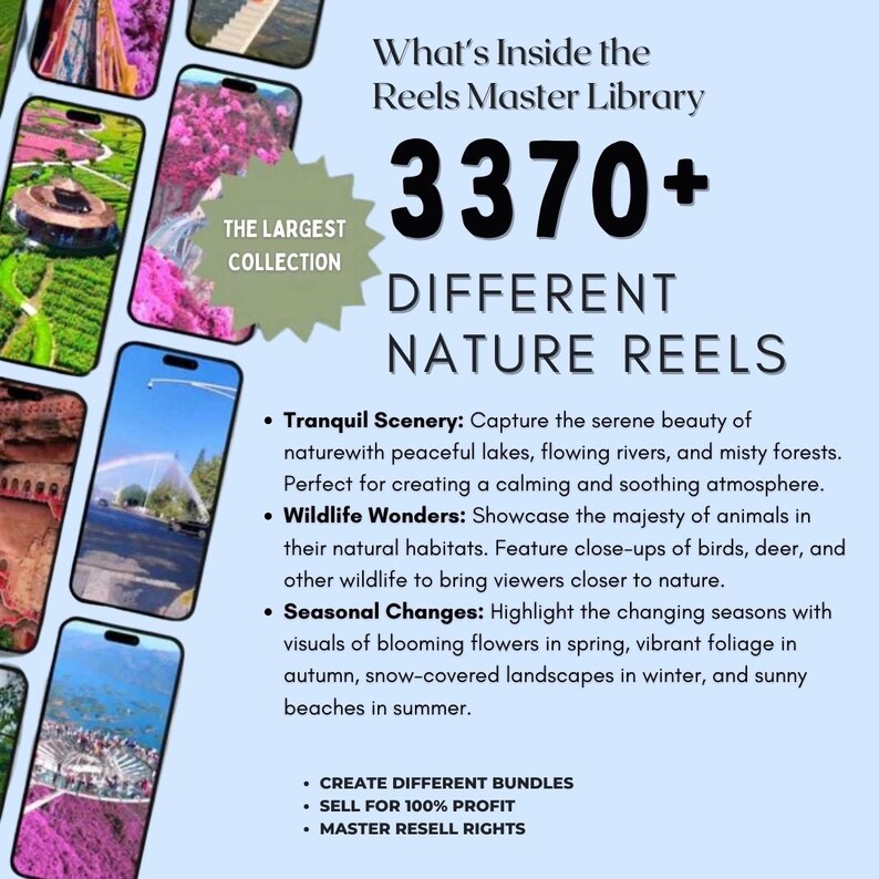 May include: Image promoting a Reels Master Library with over 3370 nature reels. The text highlights tranquil scenery, wildlife wonders, and seasonal changes. The image includes phone screens displaying nature scenes.