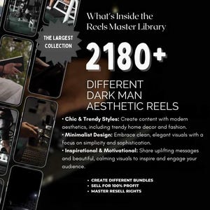 May include: An advertisement with the text "What's Inside the Reels Master Library" and "2180+ Different Dark Man Aesthetic Reels." The image includes a collage of phone screens and bullet points describing content styles and benefits.
