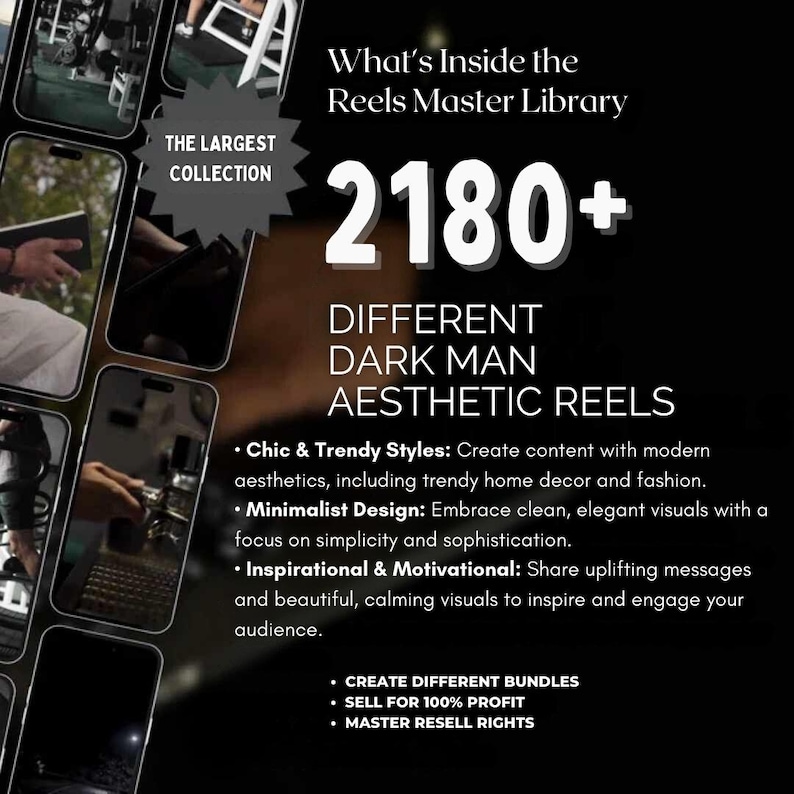 May include: An advertisement with the text "What's Inside the Reels Master Library" and "2180+ Different Dark Man Aesthetic Reels." The image includes a collage of phone screens and bullet points describing content styles and benefits.