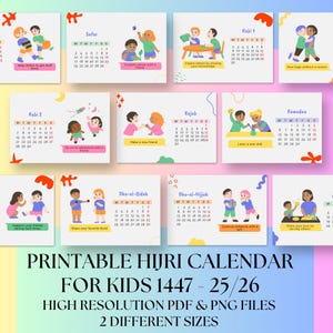 Muslim Hijri Calendar 1447 for Kids | Printable Arabic Islamic Months | Muslim Children’s Room Wall Art | Educational  Decor For Kids Room |