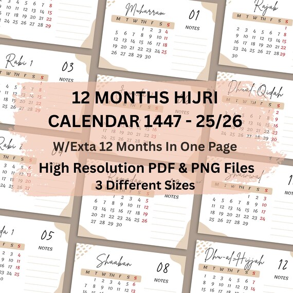 Hijri Calendar 1447: Islamic & Gregorian Dates, Printable PDF - Etsy