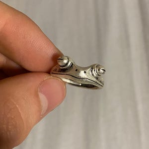 Op de afbeelding: Een zilverkleurige kikkerring. De ring heeft een gedetailleerd kikkergezicht met opvallende ogen en een getextureerd oppervlak. De ring wordt door een hand tegen een neutrale achtergrond gehouden.