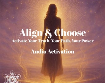 May include: A woman stands in a golden light with a mandala behind her. The text "Align & Choose" is above her, and "Activate Your Truth, Your Path, Your Power" is below. The text "Audio Activation" is below that. The text "LAV" is in a geometric shape at the bottom left of the image. The text "www.lisetteanne.com" is at the bottom right of the image.