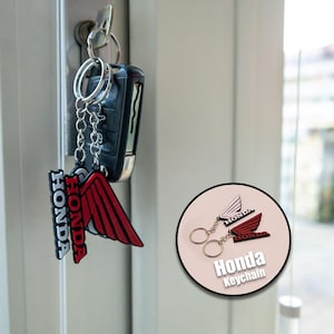 Puede incluir: Un llavero Honda con un logotipo de ala roja y blanca y la palabra "HONDA" en rojo y blanco. El llavero está sujeto a un mando de coche. Un gráfico circular muestra el diseño del llavero.