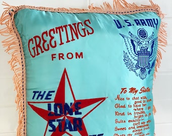 Vintage U.S. Army Souvenir Pillow Cushion Case — Camp Bowie, Texas (1940s)