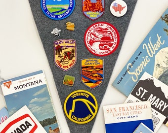 Western US Parks + Places Hanging Flag w/ Vintage Badges & Pins
